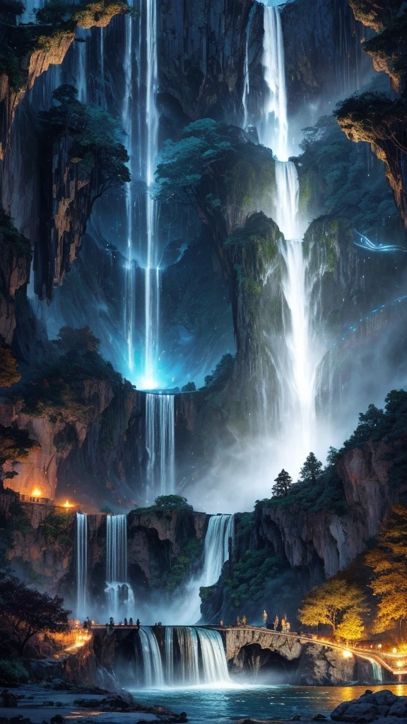Painting of waterfall and people in boat on river, Golden Falls, Galaxy Falls, Nebula Falls, floating waterfalls, Huge waterfall, Waterfall in the Asteroid Belt, alien waterfall, Flowing light flow, Endless waterfall, Stunning waterfalls, Beautiful fantasy painting, bioluminescent waterfall, Golden ethereal light, 美丽Stunning waterfalls, Epic surrealist 8k oil painting