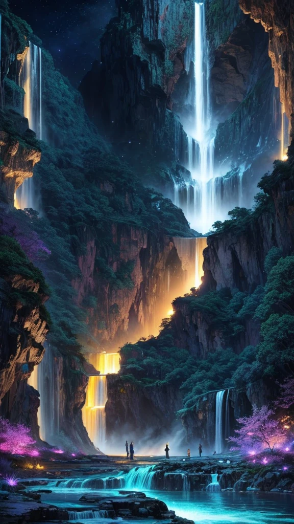Painting of waterfall and people in boat on river, Golden Falls, Galaxy Falls, Nebula Falls, floating waterfalls, Huge waterfall, Waterfall in the Asteroid Belt, alien waterfall, Flowing light flow, Endless waterfall, Stunning waterfalls, Beautiful fantasy painting, bioluminescent waterfall, Golden ethereal light, 美丽Stunning waterfalls, Epic surrealist 8k oil painting