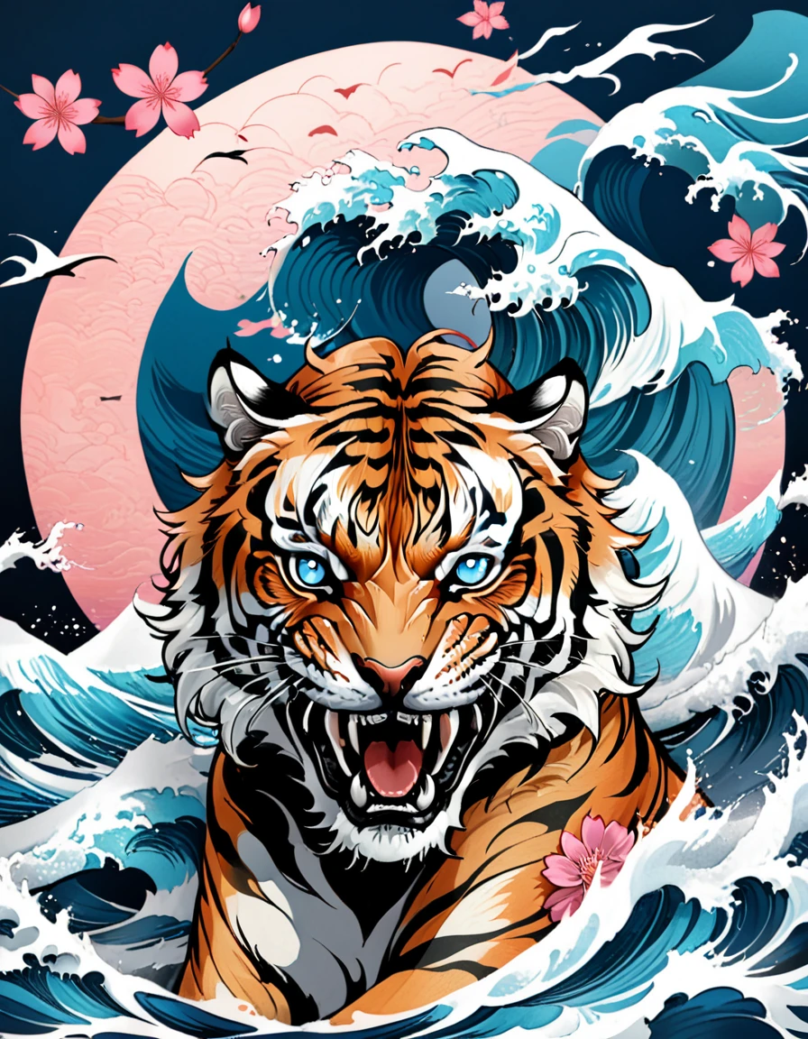 Traditional Japanese tattoo design, realistic tattoo art of Orange tiger with (((Blue eyes))) with pink sakura petal effect ,he is with open mouth looking very fierce and angry, the background is Japanese wave tattoo, (Unity 16K Wallpaper, masterpiece, Best Quality, high quality, Ultra-detailed, extremely details), a tattoo design, realistic tattoo art of Orange tiger with (((Blue eyes))) with pink sakura petal effect ,he is with open mouth looking very fierce and angry, the background is Japanese wave tattoo, upper arm tattoo,
