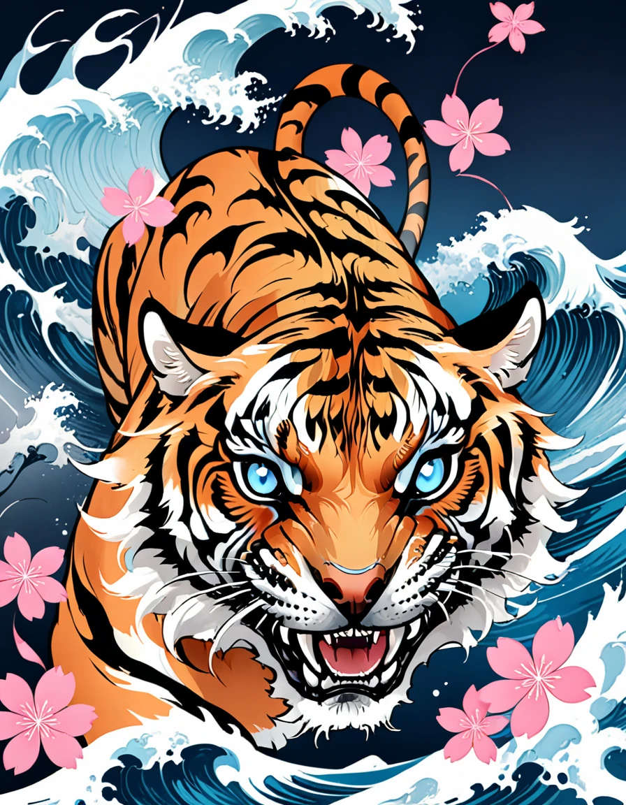 Traditional Japanese tattoo design, realistic tattoo art of Orange tiger with (((Blue eyes))) with pink sakura petal effect ,he is with open mouth looking very fierce and angry, the background is Japanese wave tattoo, (Unity 16K Wallpaper, masterpiece, Best Quality, high quality, Ultra-detailed, extremely details), a tattoo design, realistic tattoo art of Orange tiger with (((Blue eyes))) with pink sakura petal effect ,he is with open mouth looking very fierce and angry, the background is Japanese wave tattoo, upper arm tattoo,
