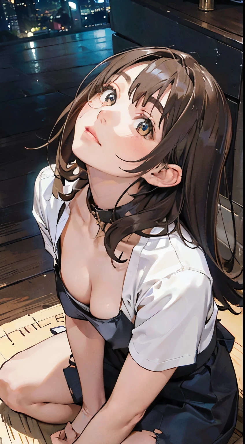 {masterpiece,highest quality,Official Art,Highly detailed CG Unity 8k wallpaper}, full_moon, Golden Hour Lighting, {Genuineistic}, {Genuine}, {Absurd}, colorful, girl, Long Hair, brown hair, Wavy Hair, Beautiful fine details, Sagging under the eyes, {Ribbed sweater}, {Sweater jacket}, {just_b shoulder}, {mini skirt}, {White knee socks}, collar, meanwhile, jewelry, Black Choker , yokozuwari,
