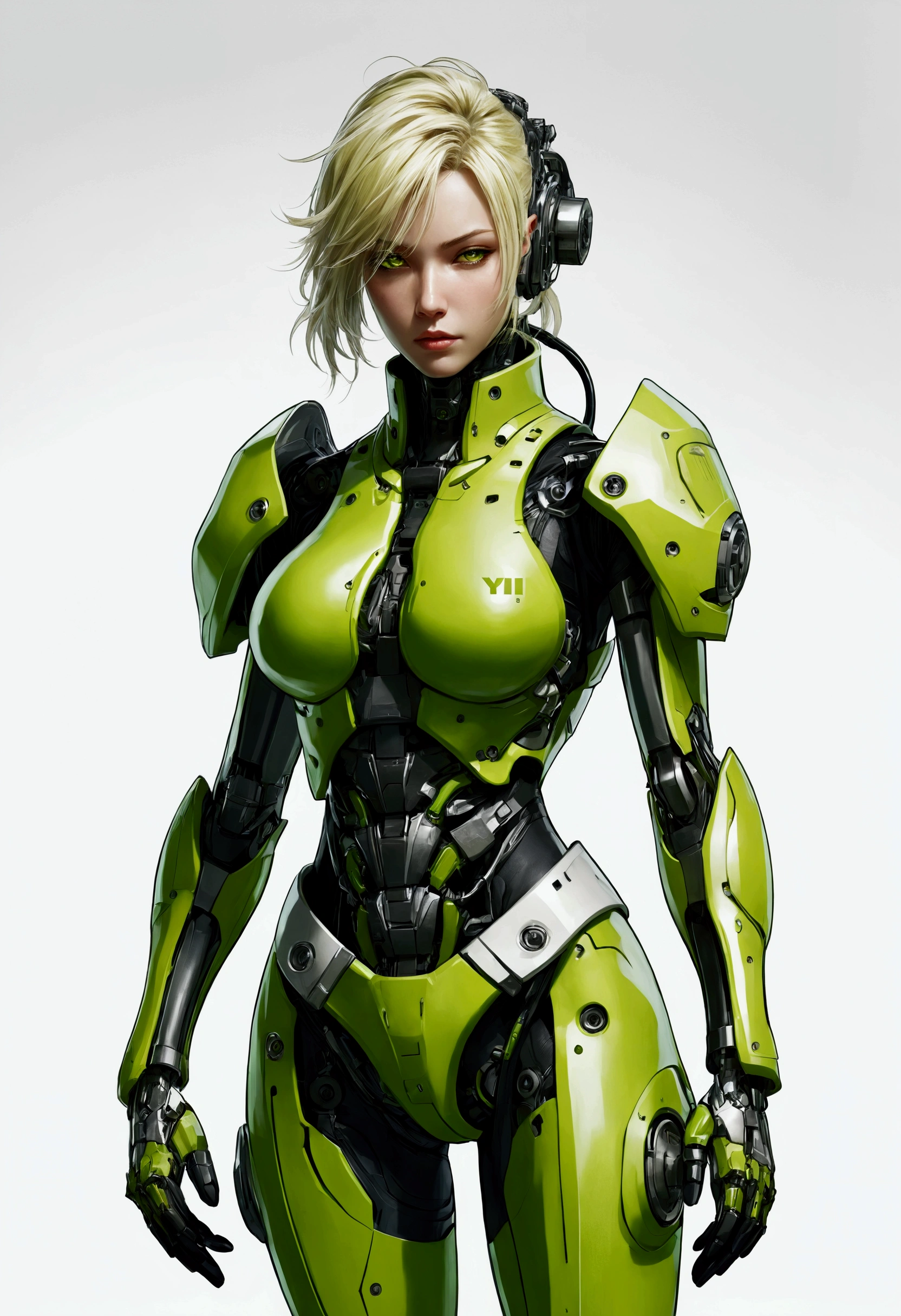 Female character design wearing a lime green cybernetic exoskeleton、Blonde、Concept Design Sheet、White background、Yoji Shinkawa's style --s 750 --niji 5