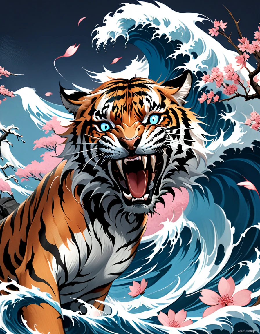 Traditional Japanese tattoo design, realistic tattoo art of Orange tiger with (((Blue eyes))) with pink sakura petal effect ,he is with open mouth looking very fierce and angry, the background is Japanese wave tattoo, (Unity 16K Wallpaper, masterpiece, Best Quality, high quality, Ultra-detailed, extremely details), a tattoo design, realistic tattoo art of Orange tiger with (((Blue eyes))) with pink sakura petal effect ,he is with open mouth looking very fierce and angry, the background is Japanese wave tattoo, upper arm tattoo,