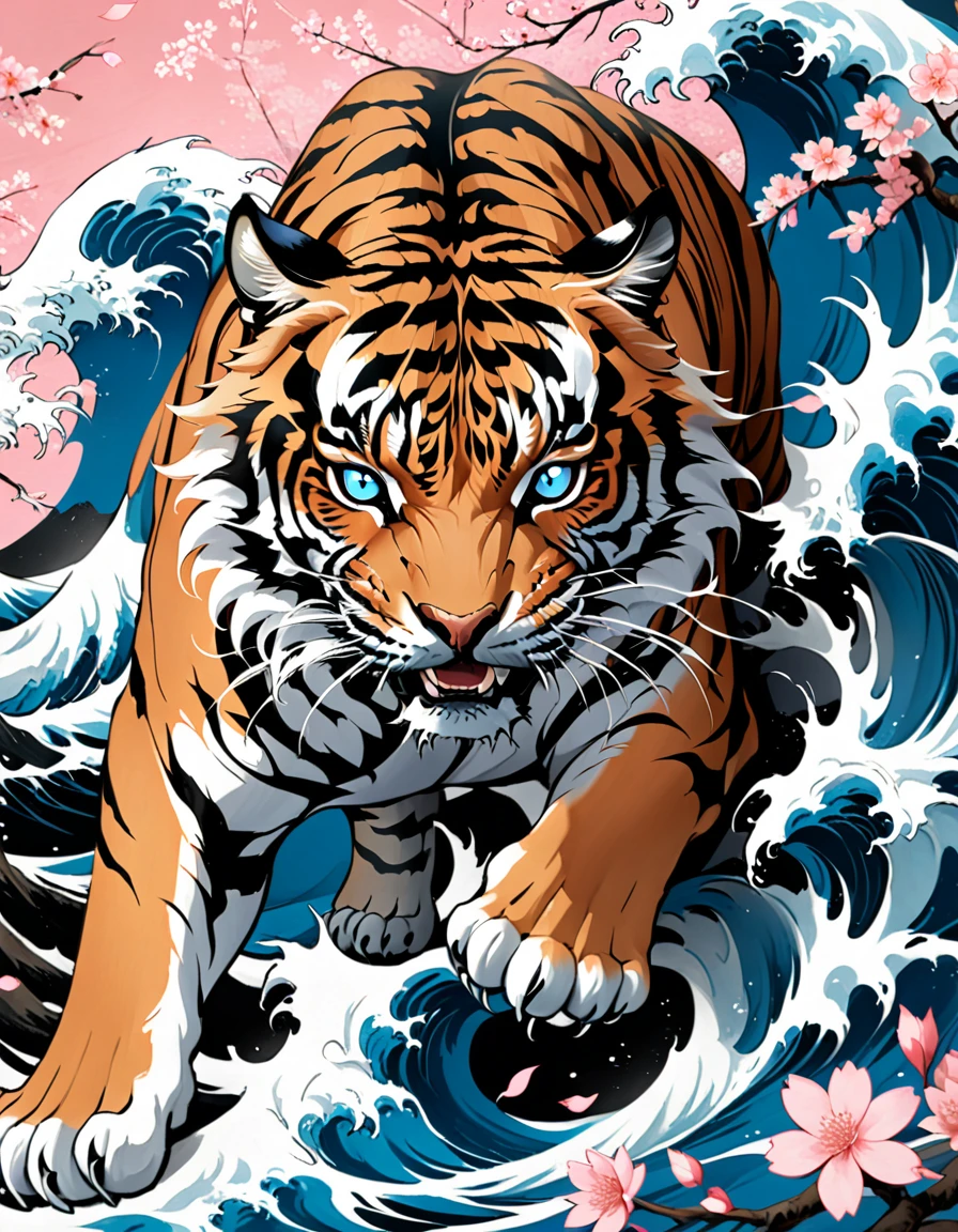 Traditional Japanese tattoo design, realistic tattoo art of Orange tiger with (((Blue eyes))) with pink sakura petal effect ,he is with open mouth looking very fierce and angry, the background is Japanese wave tattoo, (Unity 16K Wallpaper, masterpiece, Best Quality, high quality, Ultra-detailed, extremely details), a tattoo design, realistic tattoo art of Orange tiger with (((Blue eyes))) with pink sakura petal effect ,he is with open mouth looking very fierce and angry, the background is Japanese wave tattoo, upper arm tattoo,
