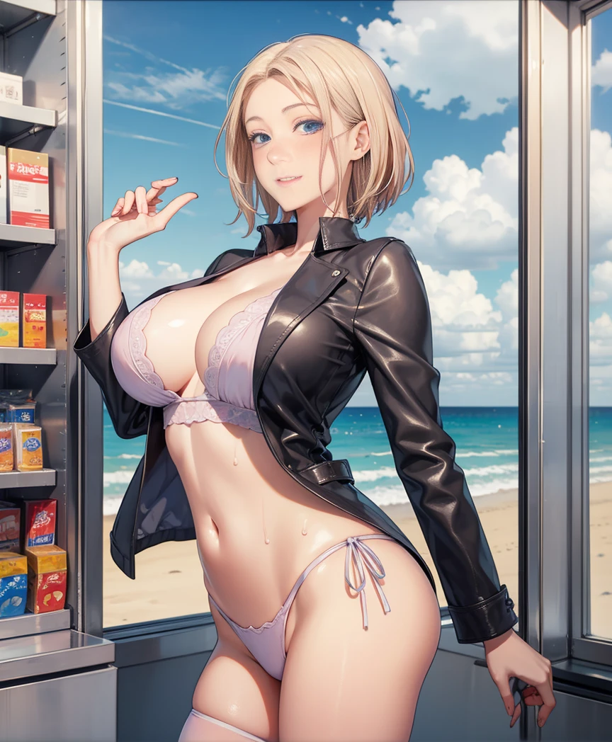 (Familiar, masterpiece, Highest quality, complicated),Cowboy Shooting, Bellflower blossom,Large Breasts, 1 名woman孩, Lonely, At a convenience store,Cute eyes, Pretty face, Perfect round ass, 
Fit and Shape, woman,This jacket is a nice lightweight shirt, Cleavage exposed, 穿着白衬衫和迷你裙的美丽的woman人, Ultra Mini Skinny, smile, black high-heels, High Leg Raise, black_Legwear,teenager, Lonely, Pale skin,blue eyes, ((Beautiful adults)),enchanting smile, Mischievous face, Sweat, vapor, embarrassed, blush, Excited, (Speak your mind),Are standing, Best posture, Cover your groin,(At a convenience store), Near the Ocean shore, (window, Ocean, invalid, cloud, null), 夏null, indoor, View, Bright light, There are many products lined up on the shelves, White wall,