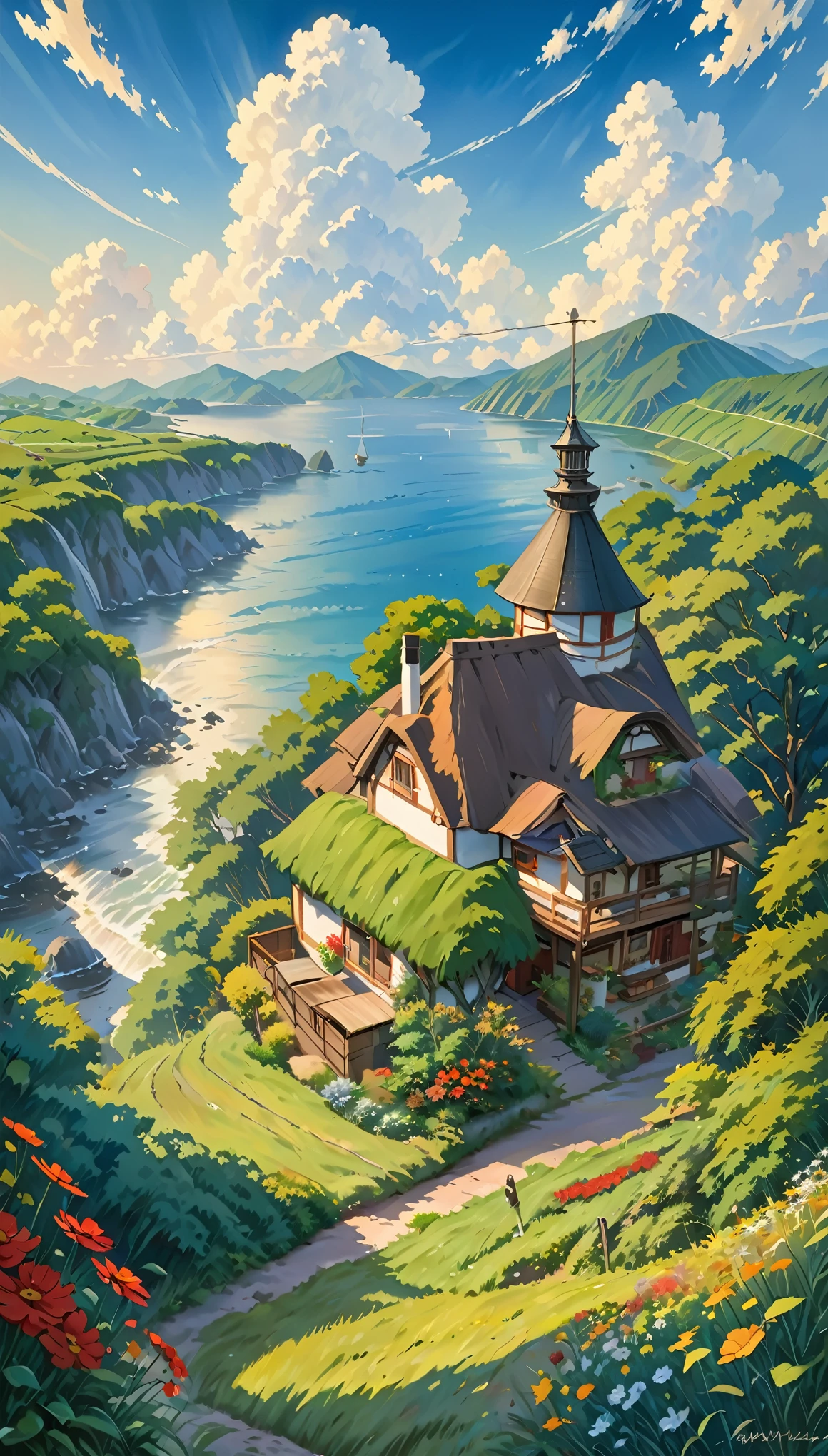 Realistic, authentic, beautiful and amazing landscape oil painting Studio Ghibli Hayao Miyazaki&#39;s petal grassland with blue sky and white clouds 8k, birds