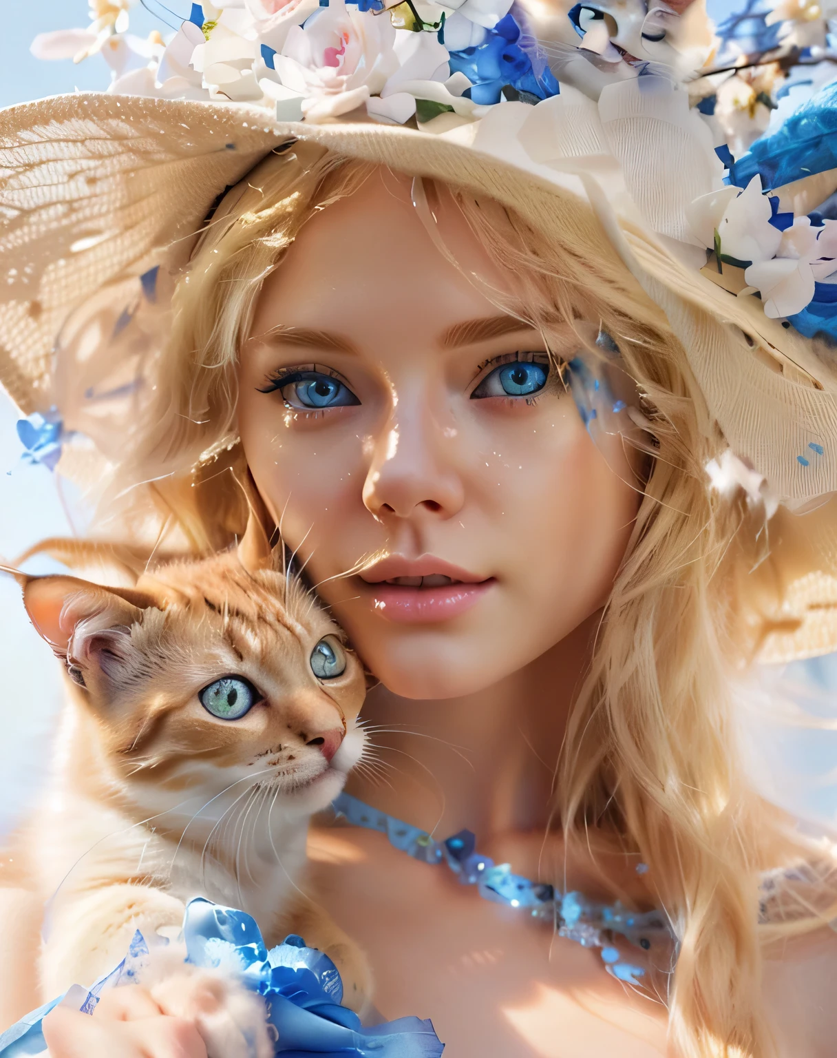 blonde woman with blue eyes and a cat in a hat, very beautiful fluffy kitten, beautiful digital artwork, 4k realistic digital art, 4k realistic digital art, Detailed and cute digital art, adorable digital painting, beautiful digital art, beautiful young cat, highly detailed digital art in 4k, Karol behind uhd, beautiful digital art, Realistic 8k digital art