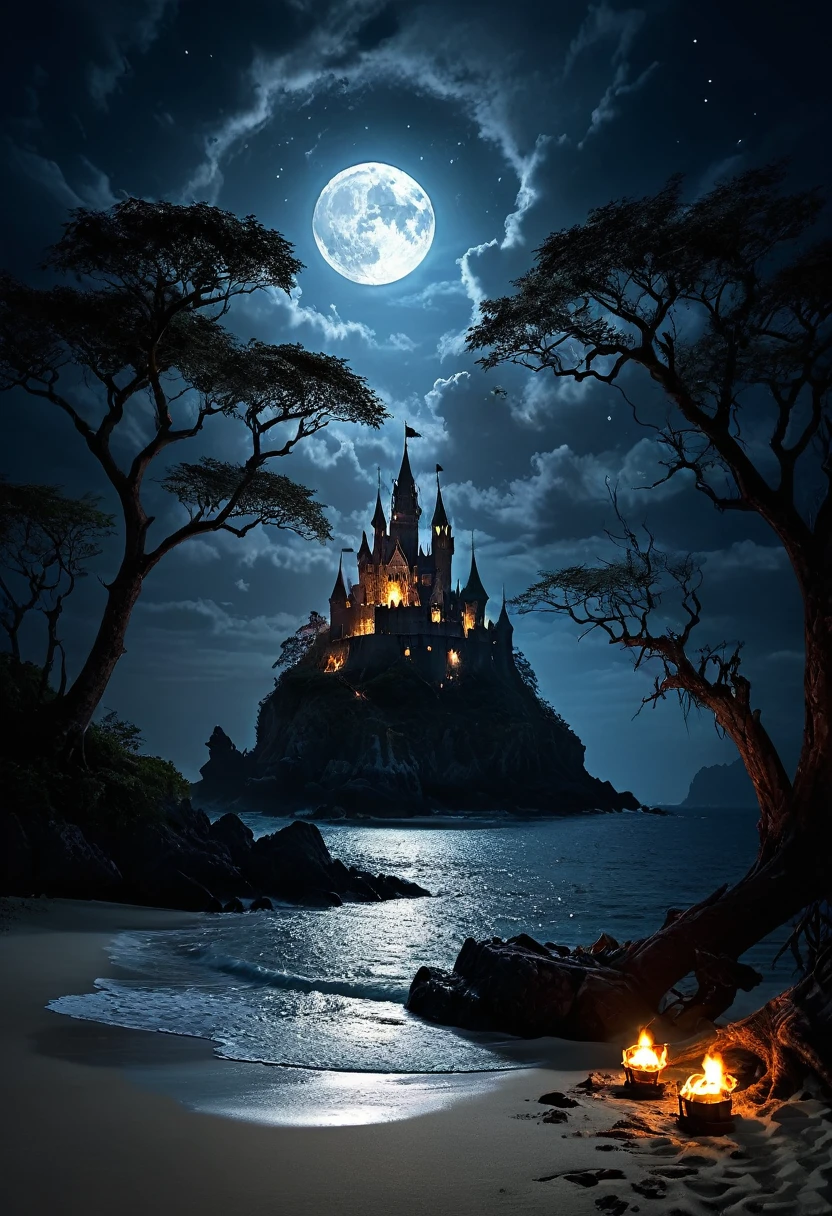 arafed, dark fantasy art, goth art,  an award winning digital picture, National Geographic picture of a dark mysterious island at night, it is night time, a dark island, dark gloomy beach, skull on the beach, some large ancient trees, a dark castle, lit with torches, necromancy magic, full moon, some stars,  Ultra-high resolution, High Contrast, (masterpiece:1.5), highest quality, Best aesthetics), 16K fantasy art, best details, best quality, highres, (ultra wide angle: 1.2), 16k, [ultra detailed], masterpiece, best quality, (extremely detailed), ladyshadow