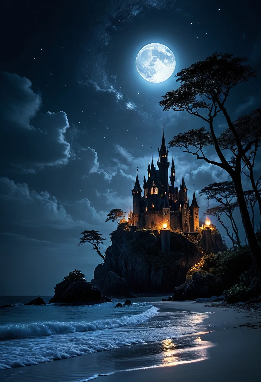 arafed, dark fantasy art, goth art,  an award winning digital picture, National Geographic picture of a dark mysterious island at night, it is night time, a dark island, dark gloomy beach, skull on the beach, some large ancient trees, a dark castle, lit with torches, necromancy magic, full moon, some stars,  Ultra-high resolution, High Contrast, (masterpiece:1.5), highest quality, Best aesthetics), 16K fantasy art, best details, best quality, highres, (ultra wide angle: 1.2), 16k, [ultra detailed], masterpiece, best quality, (extremely detailed), ladyshadow
