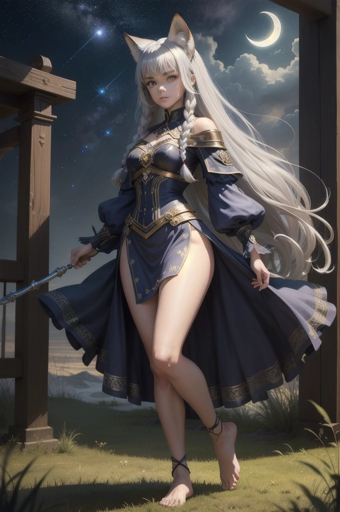 beautiful, (masterpiece), high quality, heroic braced standing pose, top down angle, detailed close face, dark thick eyebrows, crescent moon magic staff, perfect lighting, youthful, adolescent, feminine figure, slim legs, quirky fox goth girl, narrow hips, long legs, thick, soft, volumetric hair, midnight blue and silver outfit, shimmering with starlight, deep brown eyes, long flowing silver hair, intricate braids, straight bangs, wearing unique badass outfit, bare foot on grass