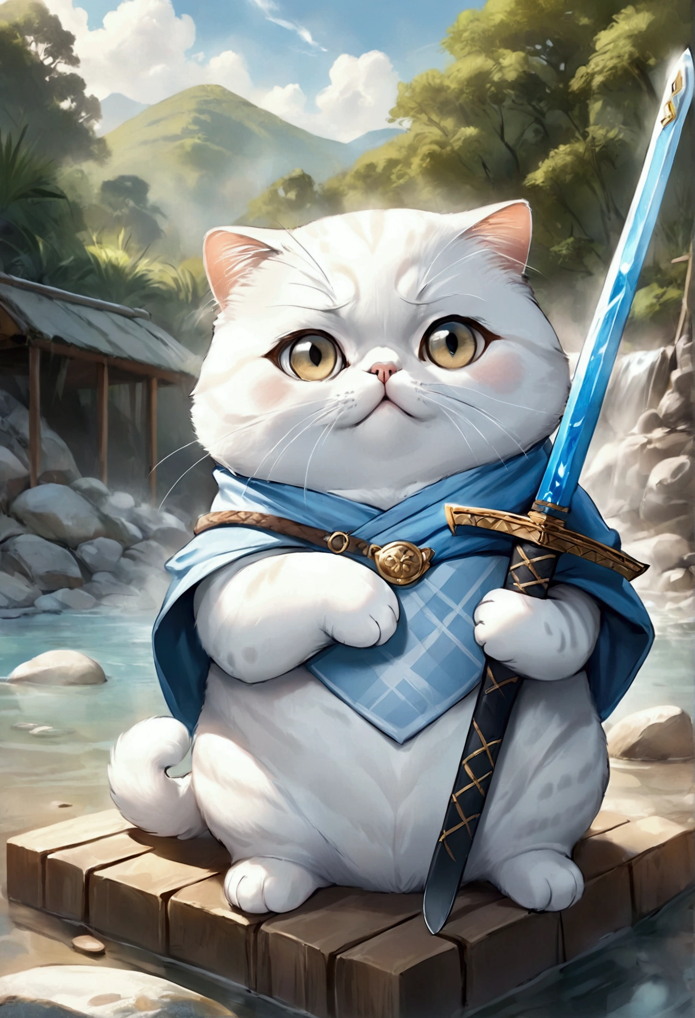 cute adorable Scottish fold lightblue fat cat holding sword, at hot spring, write word "UNC" on chest, adorable digital painting, realistic fantasy art, beautiful digital art