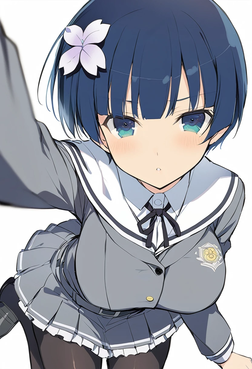masterpiece, best quality, 
yozakura (senran kagura), 1girl, solo, short hair, blue hair, blue eyes, large breasts, hair ornament, hair flower, 
flower, emblem, 
white background, looking at viewer, 

Yozakura_School, , white sailor collar, grey jacket, black buttons, grey skirt, skirt frills, neck ribbon, grey belt, black pantyhose, grey loafers, 