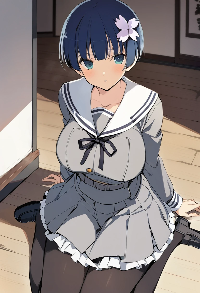 masterpiece, best quality,
yozakura (senran kagura), 1girl, solo, short hair, blue hair, blue eyes, large breasts, hair ornament, hair flower,
flower, emblem,
white background, looking at viewer,
Yozakura_School, , white sailor collar, grey jacket, black buttons, grey skirt, skirt frills, neck ribbon, grey belt, black pantyhose, grey loafers,
