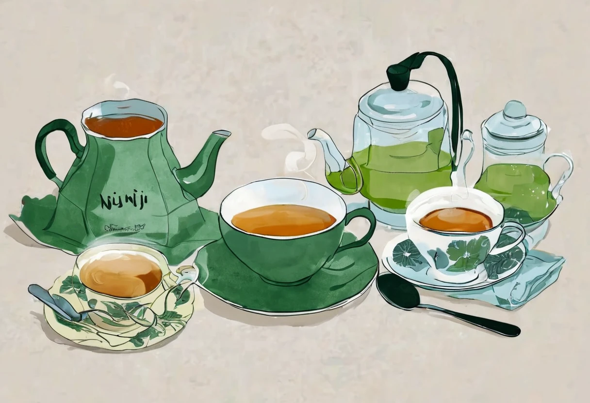 A set of tea sets for casual relaxation with illustrations,calligraphic fonts with green tones,coffee bags,paper bags,prints and accessories,with the theme of the harvest world,clean light gray background,(niji:2),hand-drawn,illustration style