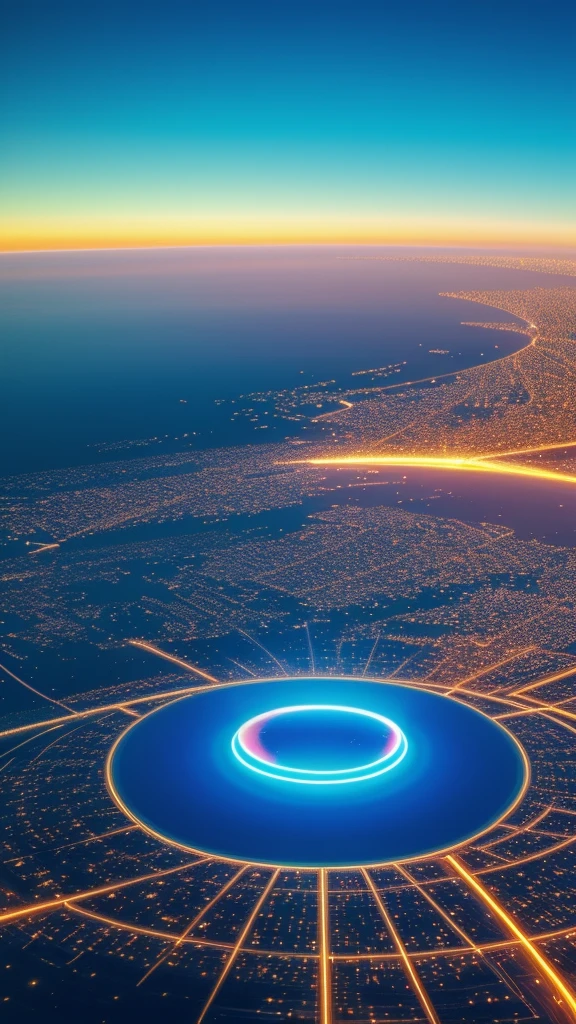 futuristic, 4K, sun in the background, evolution, neon, vivid blue, nostalgia, look from space , paisagem