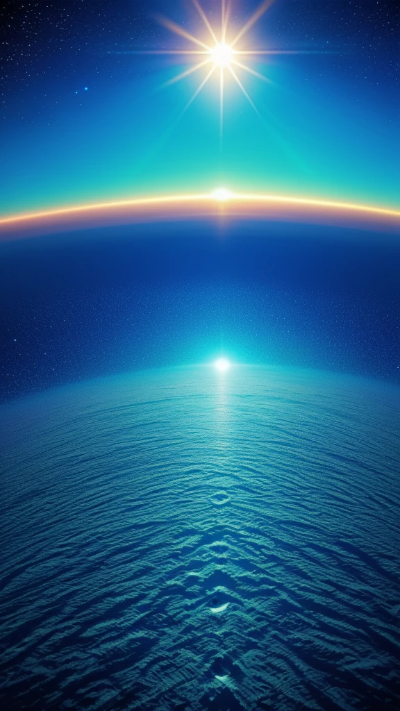 futuristic, 4K, sun in the background, evolution, neon, vivid blue, nostalgia, look from space , paisagem