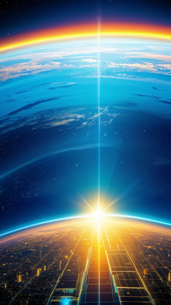 futuristic, 4K, sun in the background, evolution, neon, vivid blue, nostalgia, look from space , paisagem
