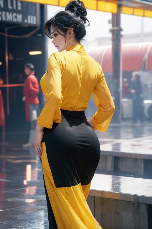 realisticlying, A high resolution, 1 rapariga, yellow+black color hair, korean people, eBlue eyes, The transparent cheongsam is flying，Sheer tight-fitting garments，Beads of sweat dripped down the buttocks，Large chest，Wide buttock， your ass，Butt visible，Visible on the back，buttocks visible，Ass pouted，wide wide shot，Cinema lenses，The skin glows，space ship，