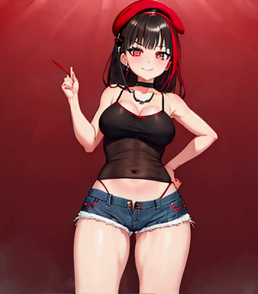 (masterpiece), best quality, expressive eyes, perfect face, rmtk, looking at viewer, red beret, black camisole, denim, short shorts, standing, light smile, mitake_ran_bangdream, slender