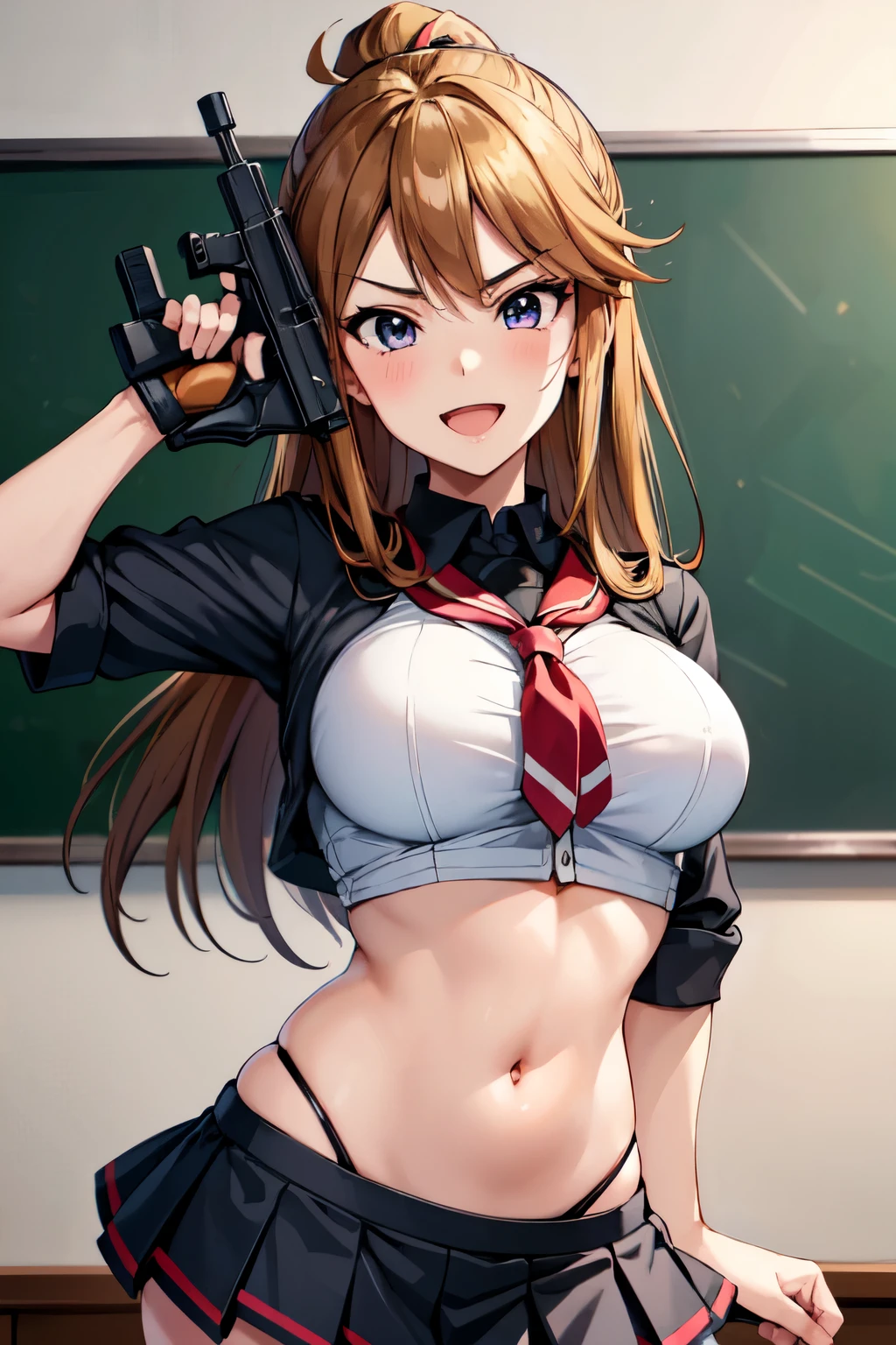 Rio Momose,  lipstick, blush,  masterpiece, best quality, ((unbuttoned , cleavage, necklace, earrings, sexy body, breasts)) , micro skirt, smiling, navel , exposed belly, exposed navel,(nsfw) not safe for work,school,knot, classroom , holding a gun, hold a gun, navel piercing