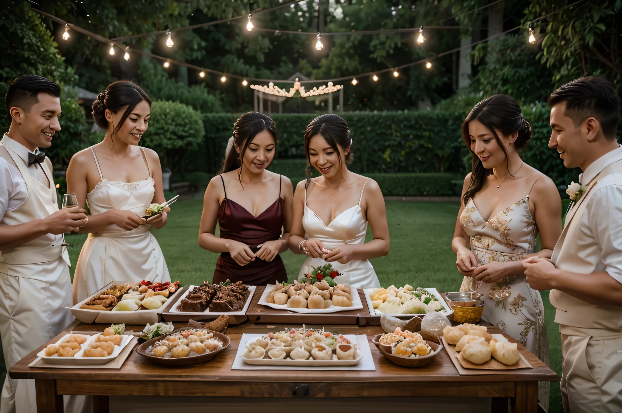 A super realistic image of a wedding buffet table featuring Asian-Napoletan fusion food. On the table, there are bao buns with meatballs in ragù and ravioli alla genovese. Include people with happy expressions and European appearances, including the bride and groom eating the ravioli. The image should be wide, shot with a 24mm lens from a distance. The table is set on a lawn at an elegant villa, in the evening, with string lights illuminating the scene.