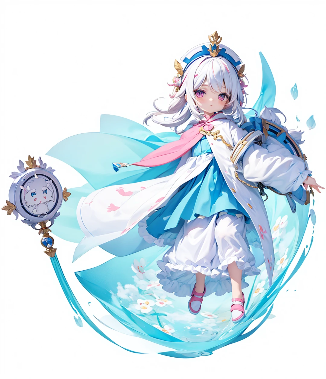 Cute anime chibi girl with white hair and pink flowers on head wearing a blue cape holding a shield which a has chibi boy with white hair and cat airs tied to it.