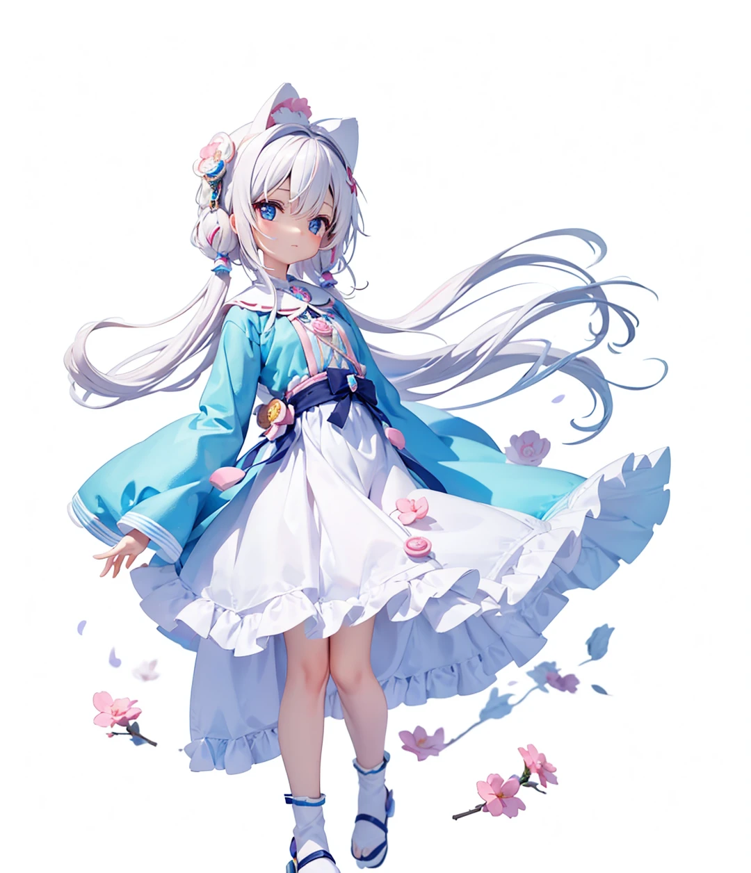 Cute anime chibi girl with white hair and pink flowers on head wearing a blue cape holding a shield which a has chibi boy with white hair and cat airs tied to it.
