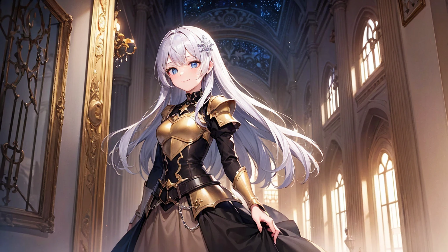 beautiful girl,Gray Hair,Brown thick dress,Long Hair,girl,Gothic,Platinum color,Snowflake hair ornament,blue eyes,Thick clothes,saint,Iron Armor,star ,starの服の装飾,Beautiful clothes,Character portrait,whole body,Clothes with decoration,Golden Clothing,Highest quality,8k, masterpiece:1.3, Sharp focus:1.2,Anime Style,Gloss,Beautiful woman,Highly detailed face and skin texture,Fine grain,Beautiful eyelids,single,Shadow and light texture,palace,European style,1 person,indoor,White Breath,Weak smile