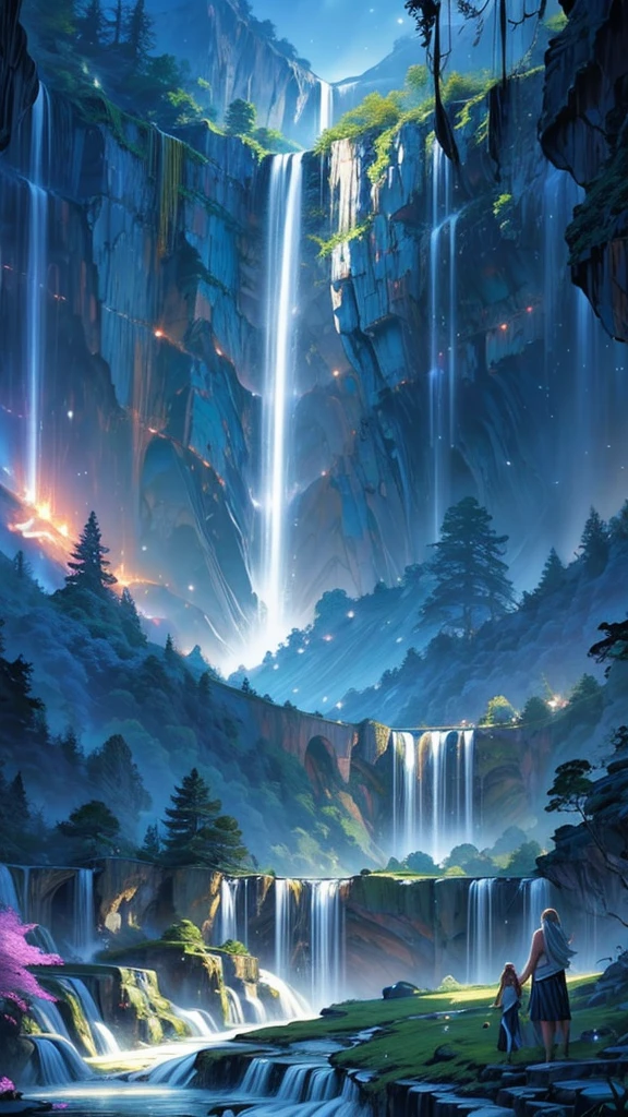 Painting of waterfall and people in boat on river, Golden Falls, Galaxy Falls, Nebula Falls, floating waterfalls, Huge waterfall, Waterfall in the Asteroid Belt, alien waterfall, Flowing light flow, Endless waterfall, Stunning waterfalls, Beautiful fantasy painting, bioluminescent waterfall, Golden ethereal light, 美丽Stunning waterfalls, Epic surrealist 8k oil painting