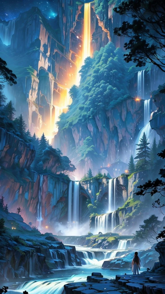 Painting of waterfall and people in boat on river, Golden Falls, Galaxy Falls, Nebula Falls, floating waterfalls, Huge waterfall, Waterfall in the Asteroid Belt, alien waterfall, Flowing light flow, Endless waterfall, Stunning waterfalls, Beautiful fantasy painting, bioluminescent waterfall, Golden ethereal light, 美丽Stunning waterfalls, Epic surrealist 8k oil painting