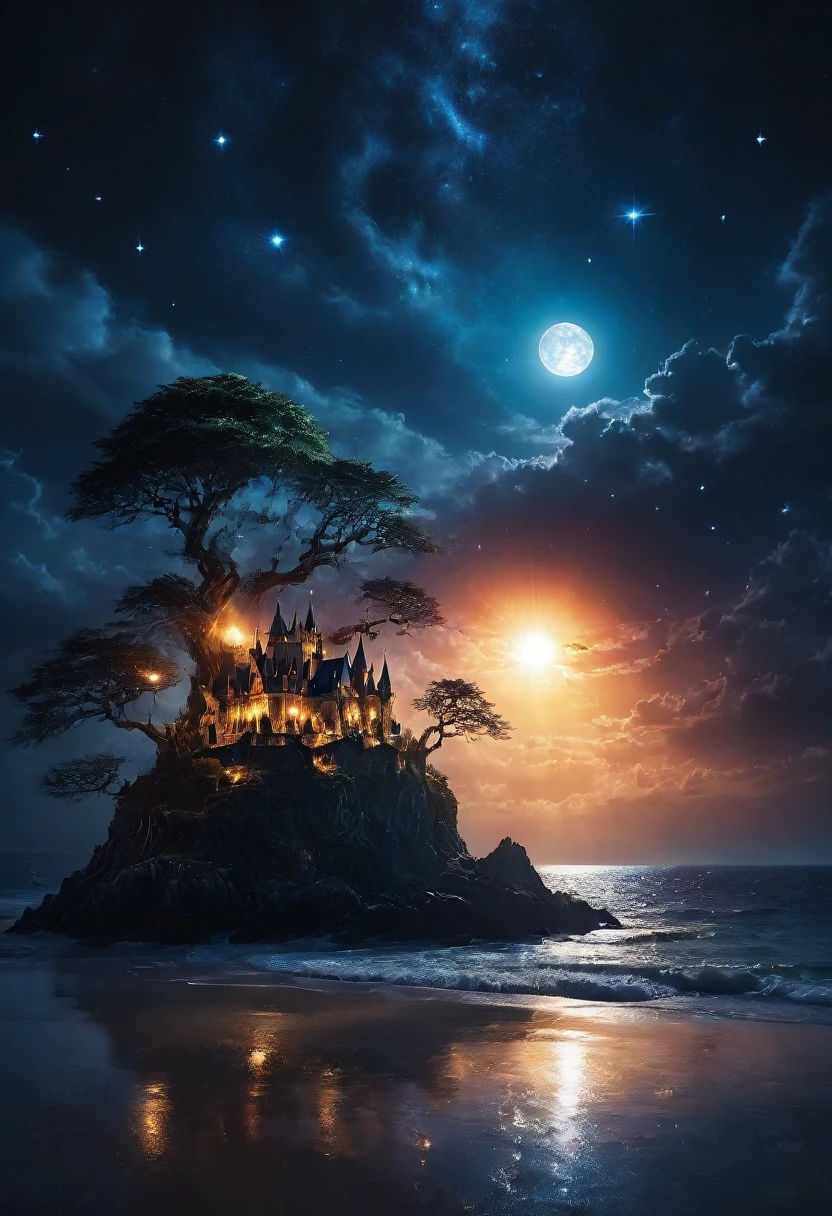 arafed, dark fantasy art, goth art,  an award winning digital picture, National Geographic picture of a dark mysterious island at night, it is night time, a dark island, dark gloomy beach, skull on the beach, some large ancient trees, a dark castle, lit with torches, necromancy magic, full moon, some stars,  Ultra-high resolution, High Contrast, (masterpiece:1.5), highest quality, Best aesthetics), 16K fantasy art, best details, best quality, highres, (ultra wide angle: 1.2), 16k, [ultra detailed], masterpiece, best quality, (extremely detailed), ladyshadow, magical sky