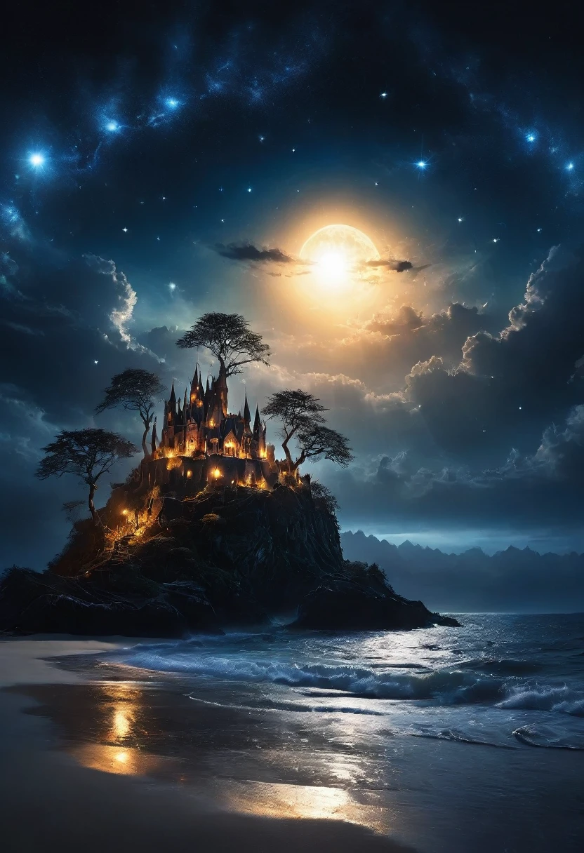 arafed, dark fantasy art, goth art,  an award winning digital picture, National Geographic picture of a dark mysterious island at night, it is night time, a dark island, dark gloomy beach, skull on the beach, some large ancient trees, a dark castle, lit with torches, necromancy magic, full moon, some stars,  Ultra-high resolution, High Contrast, (masterpiece:1.5), highest quality, Best aesthetics), 16K fantasy art, best details, best quality, highres, (ultra wide angle: 1.2), 16k, [ultra detailed], masterpiece, best quality, (extremely detailed), ladyshadow, magical sky