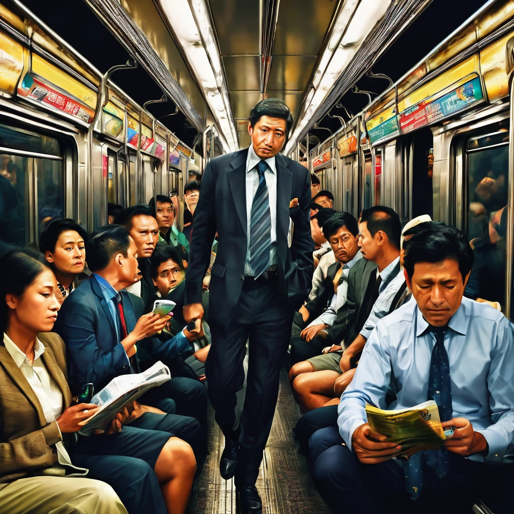 Description of an Image Hiring Lives: Traditional Work vs.. Marketing Digital com charachter Masculino
Metade Esquerda (Traditional Work - Crowded Subway)
fund: A crowded subway car during rush hour, with many people standing and holding on to the support bars.
charachter: a middle aged man, wearing formal work clothes like a dress shirt, pants and tie.
Facial expression: Visibly tired and stressed, holding a subway handle with one hand and a smartphone in the other.
Additional Elements: The carriage is full of people with tired expressions., some reading newspapers or looking at their phones. The environment is cramped and uncomfortable.
atmosphere: Dark and congested, with faded colors and cold lighting, symbolizing the tiring routine and lack of freedom.