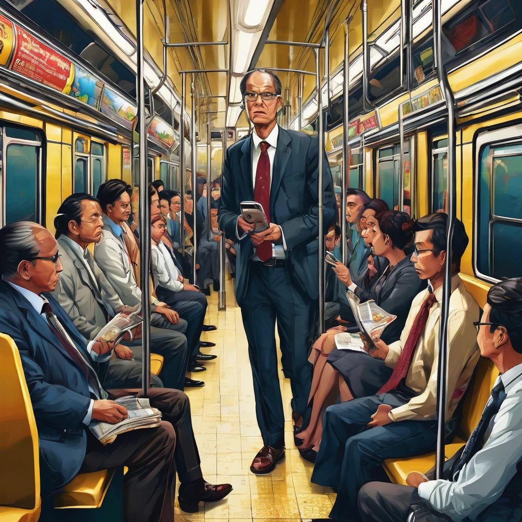 Description of an Image Hiring Lives: Traditional Work vs.. Marketing Digital com charachter Masculino
Metade Esquerda (Traditional Work - Crowded Subway)
fund: A crowded subway car during rush hour, with many people standing and holding on to the support bars.
charachter: a middle aged man, wearing formal work clothes like a dress shirt, pants and tie.
Facial expression: Visibly tired and stressed, holding a subway handle with one hand and a smartphone in the other.
Additional Elements: The carriage is full of people with tired expressions., some reading newspapers or looking at their phones. The environment is cramped and uncomfortable.
atmosphere: Dark and congested, with faded colors and cold lighting, symbolizing the tiring routine and lack of freedom.