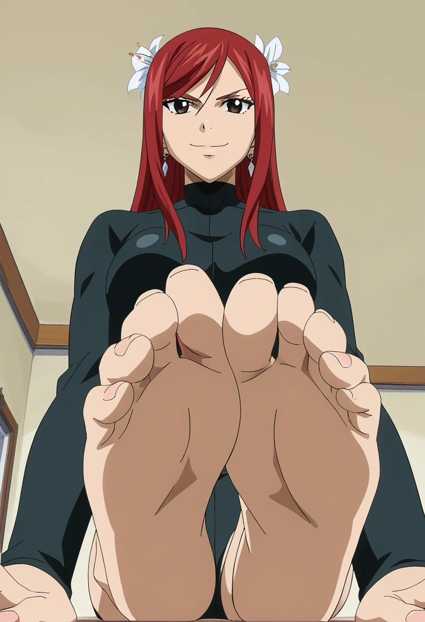  score_9,score_8_up,score_7_up, source_anime, BREAK 1girl, Erza, sitting on the floor and showing her feet, (pov from below:1.3), micro POV, stepping on viewer, foot focus, smooth toenails, jiggy butt suit, both detailed feet, soft smile, BREAK  best quality, official art, anime keyvisual, anime screencap