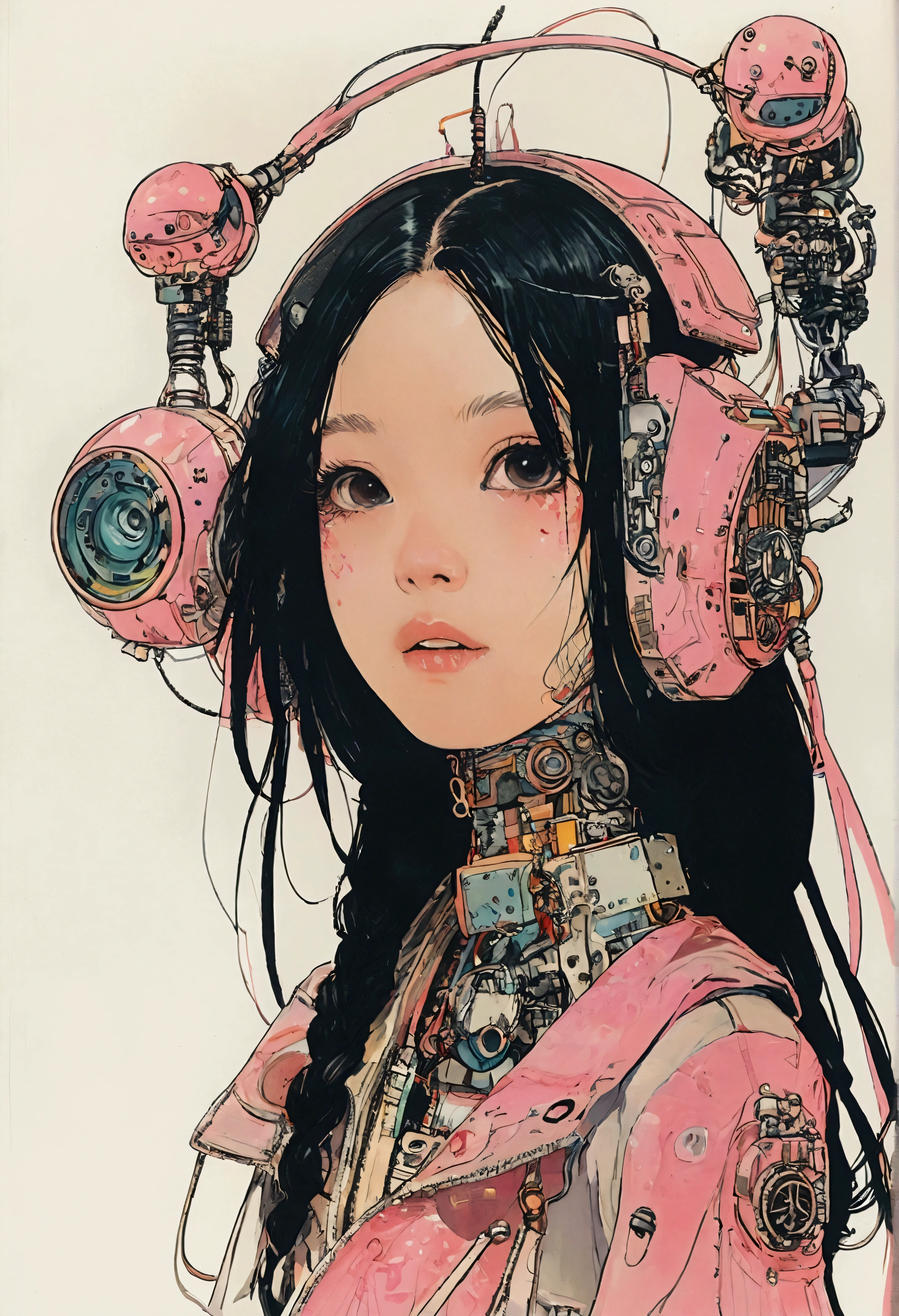 The Style of Kawanabe Kyosai、Character design of a woman wearing a pink cybernetic exoskeleton、Black Hair、Concept Design Sheet、White background