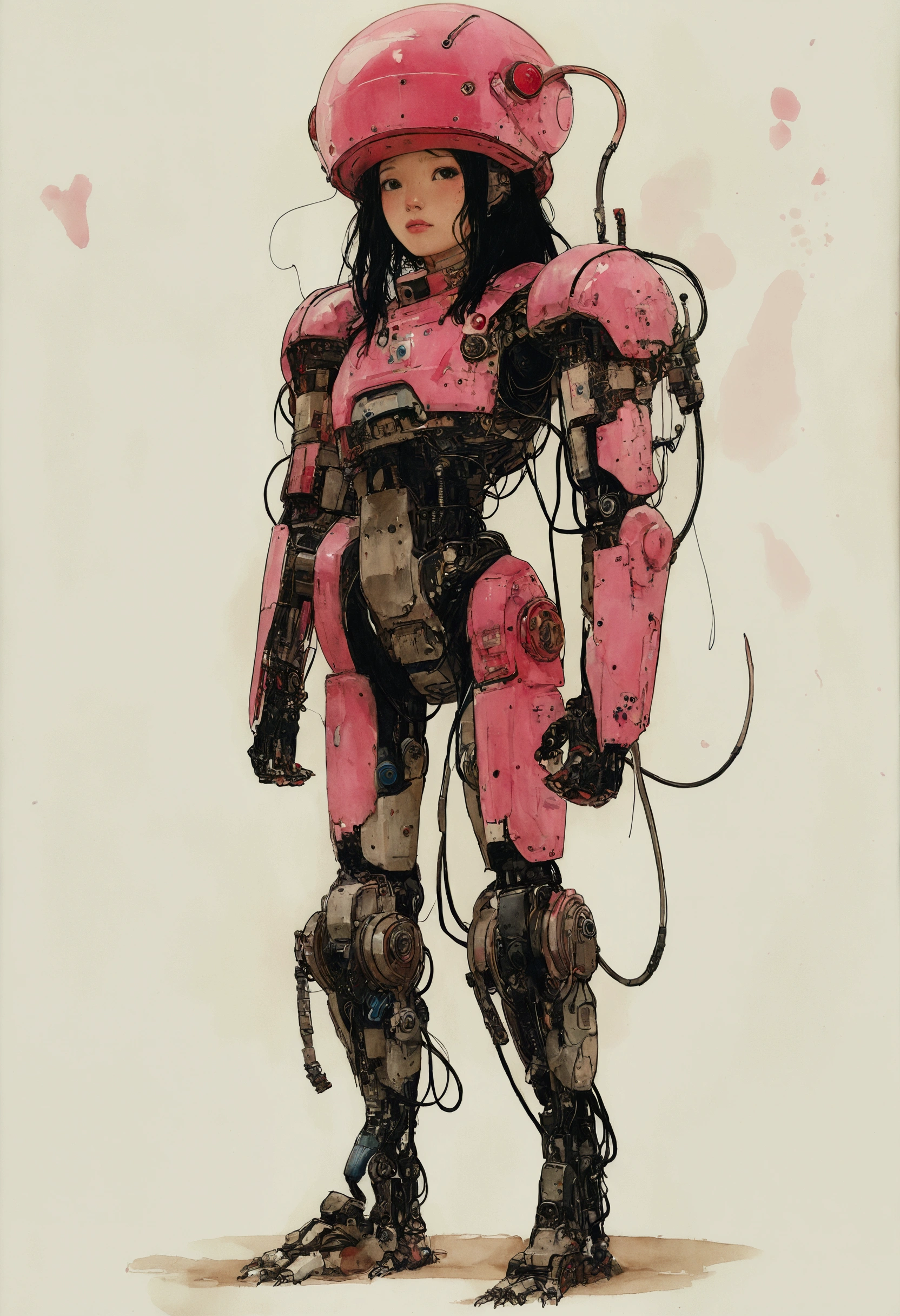 The Style of Kawanabe Kyosai、Character design of a woman wearing a pink cybernetic exoskeleton、Black Hair、Concept Design Sheet、White background