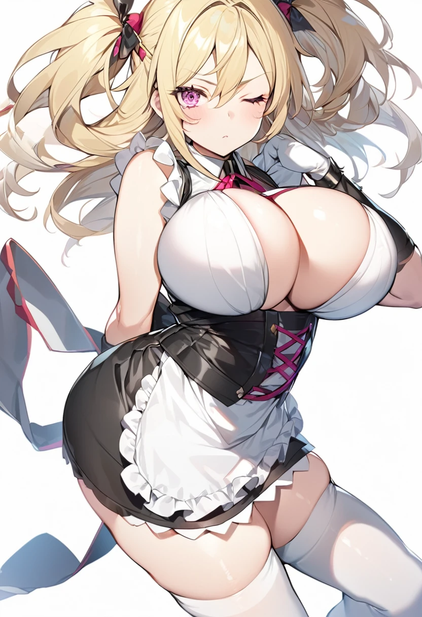 (One girl)、medium length hair、(sidelock)、((Blonde))、(slan eyes)、（boyish）、cute、(Big super breasts)、((Chubby))、Maid、No sleeve、mini skirt、White sleeveless、thigh-high socks thighhighs、(long gloves)、hairs between eyes、(coarse hair)、[flipped hair]、pink eye、expressionless、one eye closed、arm behind back、two side up、White Background、