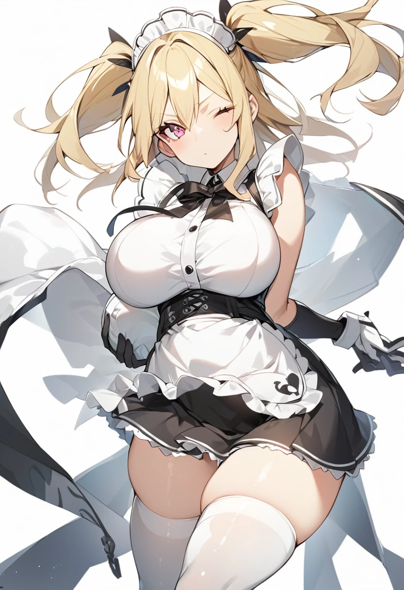 (One girl)、medium length hair、(sidelock)、((Blonde))、(slan eyes)、（boyish）、cute、(Big super breasts)、((Chubby))、Maid、No sleeve、mini skirt、White sleeveless、thigh-high socks thighhighs、(long gloves)、hairs between eyes、(coarse hair)、[flipped hair]、pink eye、expressionless、one eye closed、arm behind back、two side up、White Background、