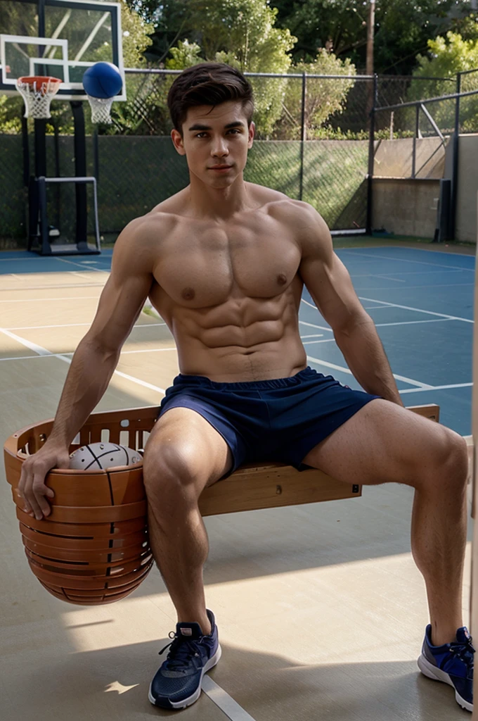 Shirtless boy with no muscle sitting on basket ball court