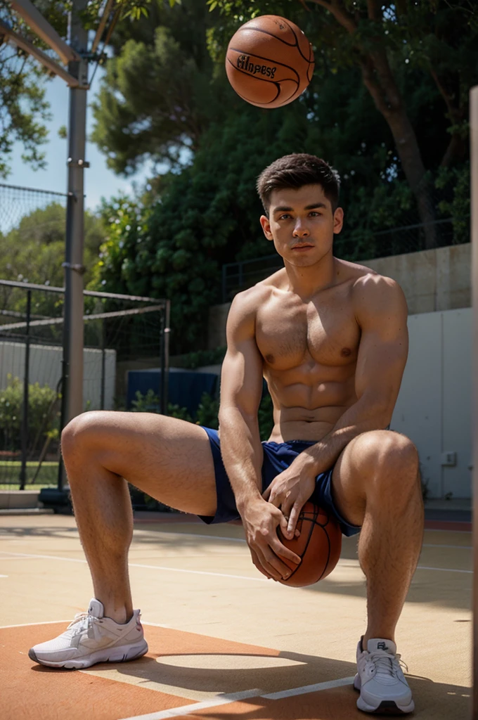 Shirtless boy with no muscle sitting on basket ball court 