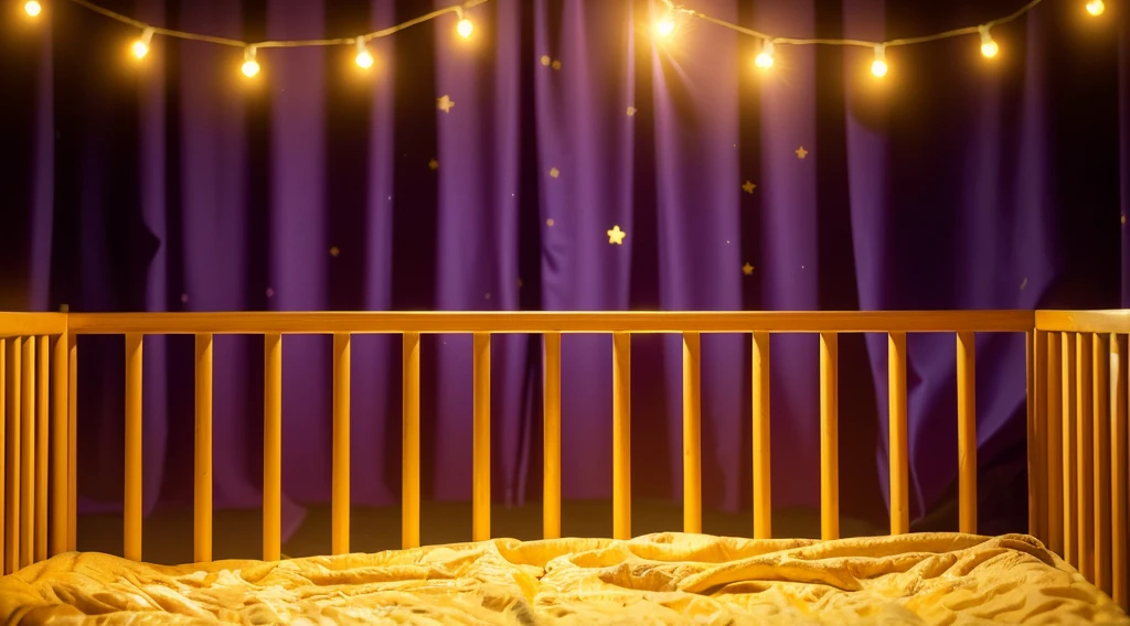This image portrays a cozy and whimsical scene within a child's crib. The crib, with its warm orange and yellow wooden bars, stands against a vibrant backdrop of deep purple curtains adorned with stars. Strung across the top are charming yellow fairy lights, adding a magical and soothing ambiance. The crib bedding is a plush golden blanket, inviting and soft, suggesting a comfortable and secure resting place for a . This setting exudes a sense of warmth and safety, ideal for a child's imaginative and peaceful slumber. This image portrays a cozy and whimsical scene within a child's crib. The crib, with its warm orange and yellow wooden bars, stands against a vibrant backdrop of deep purple curtains adorned with stars. Strung across the top are charming yellow fairy lights, adding a magical and soothing ambiance. The crib bedding is a plush golden blanket, inviting and soft, suggesting a comfortable and secure resting place for a . This setting exudes a sense of warmth and safety, ideal for a child's imaginative and peaceful slumber. аffects render, (glossy plastic texture with multiple big light probe refractions), perfect cgi, smooth silhouette, high intensity refraction, (super glossy plastic material), most beautiful vfx, , realistic, 4k, high resolution, rim light, smooth 3d model, multiple light sources, rim light, sharp post effects render,, realistic, 4k, high resolution, rim light detailed digital art, reflective, best quality, 4k, masterpiece:1.2, ultra-detailed, realistic, vivid colors, The image of the highest quality, ensuring every detail showcased perfectly. It in 4k resolution, allowing viewers to immerse themselves in the richness of the colors and intricate details. The realistic rendering. under the spotlight, reflecting, high-resolution image, realistic rendering
