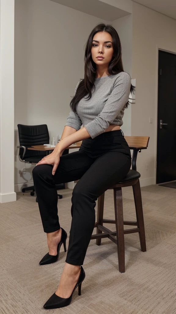 Brunette using a grey tight caffarena. straight black hair. black office pants. black stilettos. sitting, leg crossed. Instagram style photo, detailed face, UHD, front view