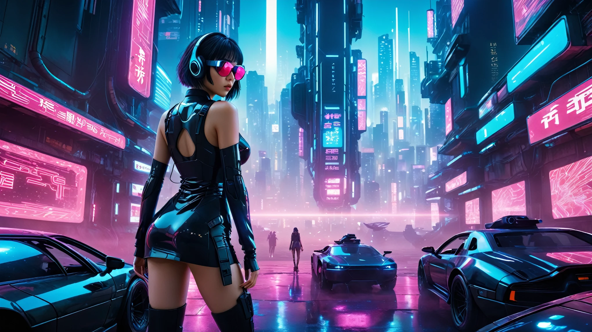 aerial view, dark night, A vast cyberpunk landscape set in Korea with ((flying cars)) and neon lights, in shades of pink, blue and red, (Matrix style cascading code), in the style of Blade Runner and Ghost In The Shell. (((((1girl, solo, alone))))), large-breast:1.2 slim body, cleavage:1.1, sexy miniskirt, ((((headphone, black sunglasses, standing and holding pistol pose)))), (((half-body thigh level medium shot))), cinematic lighting, lens flare, ray tracing.