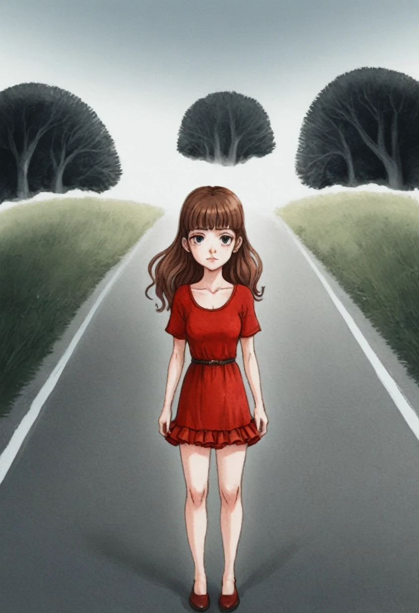 In a watercolor illustration,anime, at eye level, a fair-skinned woman with long brown hair and a red dress with broad shoulders walks towards the viewer along a gray asphalt road. She is dressed in a short, off-the-shoulder dress with ruffles at the bottom and off-the-shoulder sleeves. Her hair is styled in curls that cascade down to her shoulders. Her lips are a deep red and she wears a gold necklace with a small pendant. Her eyes are closed and her mouth is open. The dress is fitted at the waist with a slim fit and has a ruffled bottom that cascades down to the knees. the road she is walking on is gray asphalt and has a curb that curves around her. The background is blurred, but it appears to be a blurred image of a tree or building.