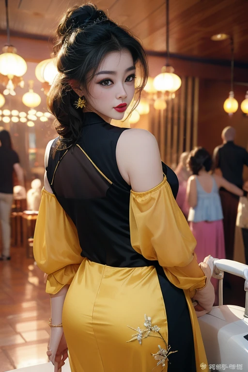 realisticlying, A high resolution, 1 rapariga, yellow+black color hair, korean people, eBlue eyes, The transparent cheongsam is flying，Sheer tight-fitting garments，Beads of sweat dripped down the buttocks，Large chest，Wide buttock， your ass，Butt visible，Visible on the back，buttocks visible，Ass pouted，wide wide shot，Cinema lenses，The skin glows，space ship，