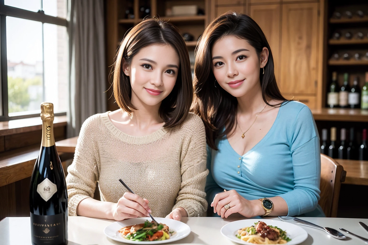 (Realistic:1.1),(masterpiece,Highest quality),8k,(49 years old), 50 years old, slimカップル、Tight waist,Upper Body,full-course dinner、wine 、Amazing view of the sunset sky and clouds、Perfect Anatomy, Brown Hair, short hair,Random Hairstyles,((Highly detailed face and eyes:1.2)),Perfect golden ratio face,Long sleeve shirt、dress,(smile:1.2)、Shortcuts、cute、(Realistic, Intricate details:1.2), A bright smile、short hair,Bright Face、赤wine 、Appetizers、Italian food、wine bottle、Champagne、スパークリングwine、(slimな顔), (The body is slim), (Brown Hair), (Shortcuts), Upper Body, 白wine, slim, wineグラス,