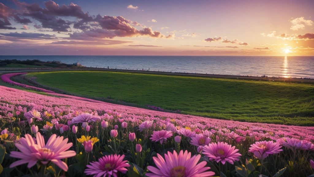 masterpiece , best quality ,sunset, field , pink flower , big flower,realistic,seaside