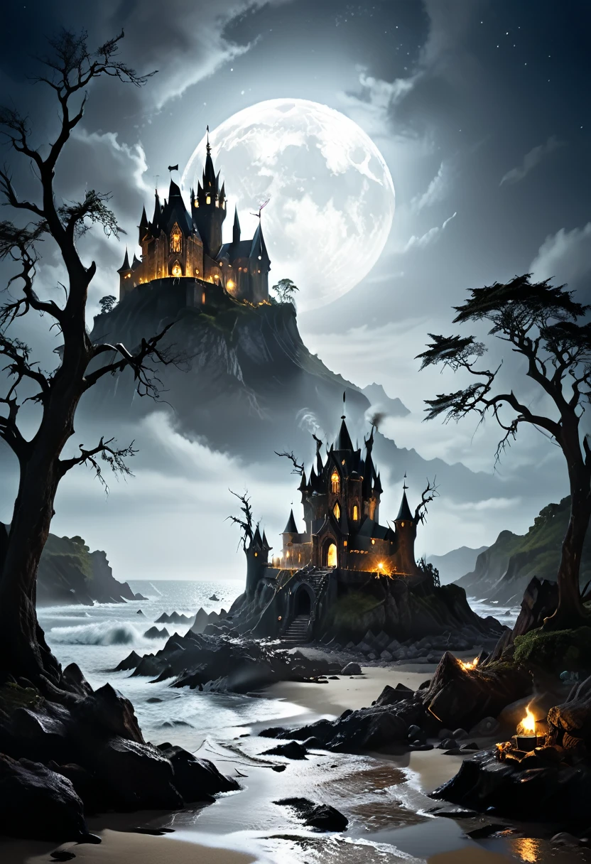 arafed, dark fantasy art, goth art,  an award winning digital picture, National Geographic picture of a dark mysterious island at night, it is night time, a dark island, dark gloomy beach, skull on the beach, some large ancient trees, a dark castle, lit with torches, necromancy magic, full moon, some stars,  Ultra-high resolution, High Contrast, (masterpiece:1.5), highest quality, Best aesthetics), 16K fantasy art, best details, best quality, highres, (ultra wide angle: 1.2), 16k, [ultra detailed], masterpiece, best quality, (extremely detailed), ladyshadow, dark fantasy