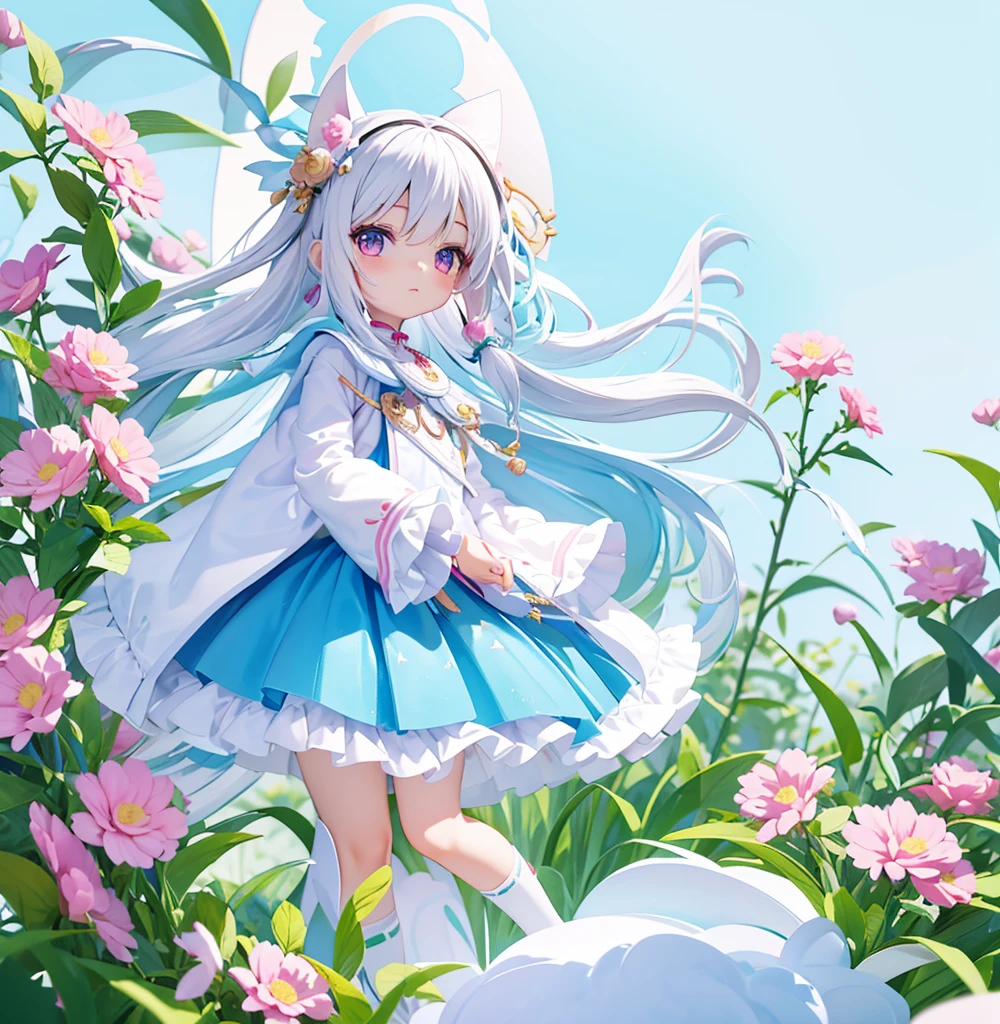 Cute anime chibi girl with white hair and pink flowers on head wearing a blue cape holding a shield which a has chibi boy with white hair and cat airs tied to it.